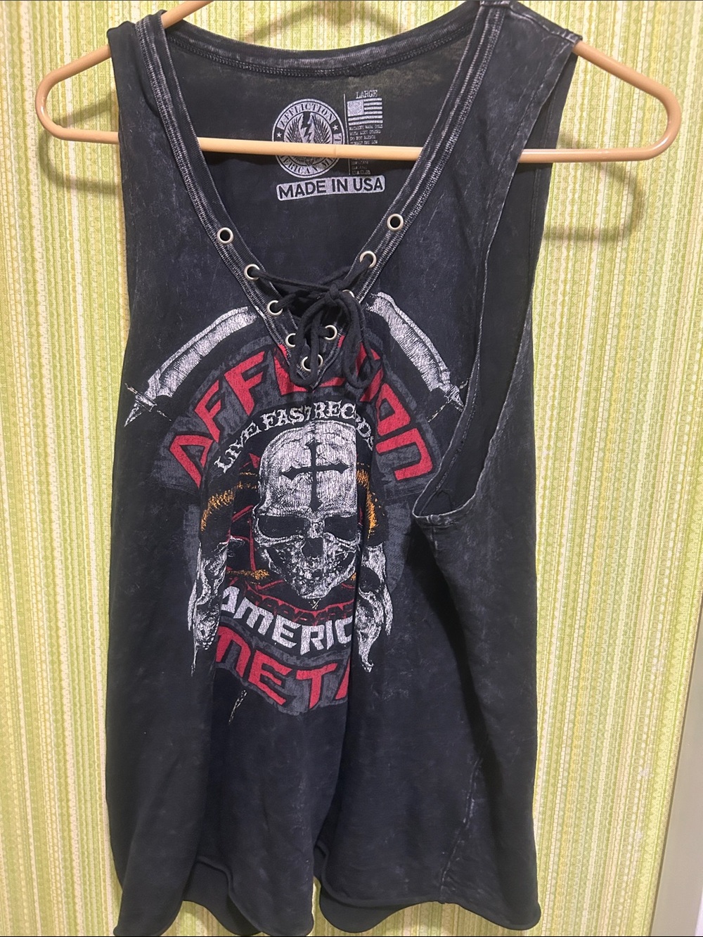 Affliction Black Lace-Up Skull Graphic Tank Top with Red Accents rare find